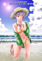 Rule 34 | 1girl, akiba itsuki, beach, bikini, breasts, cleavage, cloud, day, finger to mouth, goggles, grin, hat, milestone celebration, i&quot;s, jacket, kneeling, medium breasts, off shoulder, one eye closed, open clothes, open shirt, outdoors, reflection, sandals, shirt, short hair, side-tie bikini bottom, silver hair, sky, smile, solo, straw hat, swimsuit, underboob, water, wink, yellow eyes
