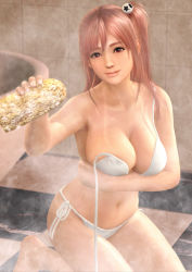 Rule 34 | 1girl, 3d, armpits, bathroom, bikini, breasts, cleavage, collarbone, dead or alive, dead or alive 5, eyebrows, hair ornament, highres, honoka (doa), large breasts, long hair, looking at viewer, official art, red eyes, side-tie bikini bottom, side ponytail, solo, swimsuit, white bikini