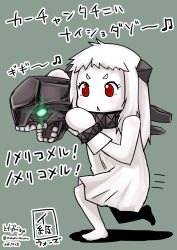 Rule 34 | 10s, 1girl, abyssal ship, advance wars, ahoge, colored skin, dress, horns, i-class destroyer, kantai collection, long hair, mittens, northern ocean princess, red eyes, simple background, toda kazuki, translation request, white dress, white hair, white skin