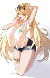 Rule 34 | 1girl, arms behind head, blonde hair, breasts, commentary, dolphin shorts, english commentary, highres, large breasts, long hair, mythra (xenoblade), one eye closed, open mouth, psidubs, shorts, simple background, solo, squeans, teeth, thigh strap, tongue, very long hair, white background, xenoblade chronicles (series), xenoblade chronicles 2, yawning, yellow eyes