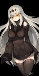 Rule 34 | 10s, 1girl, 2015, absurdres, abyssal ship, aircraft carrier water oni, artist name, black background, black dress, black thighhighs, breasts, colored skin, covered erect nipples, covered navel, dated, detached sleeves, dress, frilled dress, frilled sleeves, frills, hair ornament, highres, impossible clothes, impossible dress, kantai collection, large breasts, long hair, long sleeves, mukka, orange eyes, ribbed dress, sailor dress, short dress, simple background, smile, solo, striped, thighhighs, very long hair, white hair, white skin, zettai ryouiki