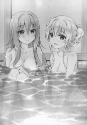 Rule 34 | 2girls, :d, aishia, blush, braid, breasts, caustics, celia claire, cleavage, collarbone, greyscale, hair between eyes, highres, long hair, medium breasts, monochrome, multiple girls, novel illustration, nude, official art, open mouth, partially submerged, riv (rivleaf), seirei gensouki, sitting, small breasts, smile, very long hair, water, water censor