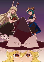 Rule 34 | 3girls, :d, ^ ^, absurdres, aqua hair, black eyes, black hat, blonde hair, blue skirt, bow, buttons, closed eyes, closed mouth, crossed arms, dress, ex-keine, false smile, green dress, green hair, hat, hat bow, highres, horn ornament, horn ribbon, horns, kamishirasawa keine, kirisame marisa, long hair, long sleeves, multiple girls, neckerchief, open mouth, orange eyes, outline, puffy long sleeves, puffy short sleeves, puffy sleeves, red neckerchief, red ribbon, ribbon, ribbon-trimmed clothes, ribbon-trimmed skirt, ribbon trim, shiki eiki, shikido (khf), shirt, short hair, short sleeves, skirt, skirt set, smile, sweatdrop, teeth, touhou, turtleneck, white bow, white outline, white shirt, witch hat