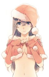Rule 34 | 1girl, black eyes, black hair, breasts, capelet, christmas, cleavage, collarbone, elbow gloves, gloves, hat, katase waka, long hair, looking at viewer, midriff, navel, no bra, original, out-of-frame censoring, red gloves, revision, santa costume, santa hat, simple background, smile, solo, white background