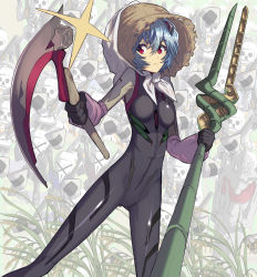 Rule 34 | 1girl, arm warmers, artist request, ayanami rei, black bodysuit, blue hair, bodysuit, breasts, character request, cowboy shot, evangelion: 3.0+1.0 thrice upon a time, fighting stance, hair between eyes, hat, highres, holding, holding weapon, lance of longinus (evangelion), looking at viewer, mask, medium breasts, multiple boys, multiple others, neon genesis evangelion, parody, parted lips, pilot suit, plugsuit, polearm, rebuild of evangelion, red eyes, rice paddy, rice planting, scythe, shiny clothes, short hair, skin tight, straw hat, weapon, what