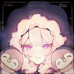 Rule 34 | 1girl, battery indicator, blue archive, blush, closed mouth, ea08zheci, hand puppet, highres, himari (blue archive), hood, hood up, long hair, looking at viewer, mole, mole under eye, portrait, puppet, purple eyes, recording, solo, white hair