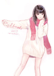Rule 34 | 1girl, absurdres, bare legs, black eyes, black hair, blunt bangs, highres, kishida mel, long hair, long sleeves, looking at viewer, original, oversized clothes, oversized shirt, pink scarf, scarf, shirt, sleeves past wrists, solo, sweater, white background, white sweater