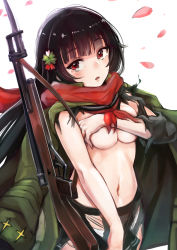 Rule 34 | 1girl, black hair, blush, breast hold, breasts, closed mouth, collarbone, commentary request, covering breasts, covering privates, girls&#039; frontline, gun, hair ornament, highres, holding, long hair, looking at viewer, mappaninatta, medium breasts, navel, panties, parted lips, red eyes, red scarf, revision, scarf, school uniform, serafuku, shirt, sidelocks, solo, submachine gun, torn, torn clothes, torn scarf, torn shirt, type 100 (girls&#039; frontline), type 100 smg, underwear, weapon, white panties