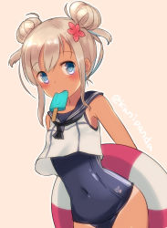 Rule 34 | 1girl, alternate hairstyle, blonde hair, blue eyes, blush, commentary request, crop top, double bun, eating, flower, food, hair between eyes, hair bun, hair flower, hair ornament, highres, kanipanda, kantai collection, lifebuoy, looking at viewer, mouth hold, one-piece swimsuit, one-piece tan, popsicle, ro-500 (kancolle), sailor collar, school swimsuit, simple background, solo, swim ring, swimsuit, swimsuit under clothes, tan, tanline, white background