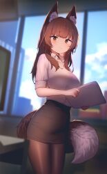 Rule 34 | 1girl, absurdres, animal ear fluff, animal ears, black skirt, blurry, blurry background, blush, borrowed character, breasts, brown hair, brown pantyhose, closed mouth, cloud, collared shirt, commentary, commission, day, english commentary, fox ears, fox girl, fox tail, highres, holding, holding paper, hoplitx, indoors, large breasts, long hair, looking at viewer, office lady, original, pantyhose, paper, pencil skirt, pixiv commission, shirt, short sleeves, skirt, sky, solo, sweat, tail, window