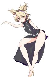 Rule 34 | 1girl, absurdres, alternate costume, amisu, black panties, blonde hair, blush, china dress, chinese clothes, dress, earmuffs, full body, heart, high heels, highres, looking at viewer, panties, short hair, side slit, simple background, smile, solo, standing, touhou, toyosatomimi no miko, underwear, white background, yellow eyes