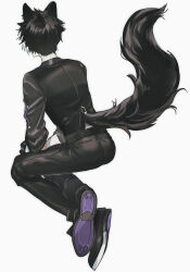 Rule 34 | 1boy, animal ear fluff, animal ears, ass, belt, black gloves, black hair, black pants, black shirt, black vest, blood, blood on arm, colored shoe soles, crossed ankles, facing away, from behind, full body, gloves, highres, holostars, invisible chair, jackal boy, jackal ears, jackal tail, kageyama shien, male focus, momiage 40, multicolored hair, pants, shirt, shoes, short hair, simple background, sitting, solo, streaked hair, vest, virtual youtuber, white background, white hair