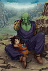 Rule 34 | 2boys, acha, alien, antennae, bald, brown hair, child, cloud, colored skin, dragon ball, dragonball z, green skin, landscape, male focus, multiple boys, outdoors, piccolo, sitting, size difference, sky, sleeping, son gohan