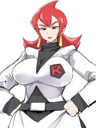 Rule 34 | 1girl, ariana (pokemon), belt, breasts, cleavage, creatures (company), curvy, game freak, highres, lipstick, makeup, mature female, nintendo, pokemon, pokemon hgss, red eyes, red hair, serious, setouchi, setouchi (blackse), solo, tagme, team rocket, thick thighs, thighs, wide hips
