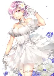 Rule 34 | 1girl, bad id, bad pixiv id, blue flower, breasts, choker, cleavage, cowboy shot, dress, eyes visible through hair, fate/grand order, fate (series), flower, gloves, hair flower, hair ornament, hair over one eye, highres, looking at viewer, mash kyrielight, mash kyrielight (formal dress), medium breasts, official alternate costume, pink eyes, pink hair, ribbon, ribbon choker, see-through, short dress, short hair, simple background, sleeveless, sleeveless dress, smile, solo, soraneko hino, white background, white dress, white flower, white gloves, white ribbon