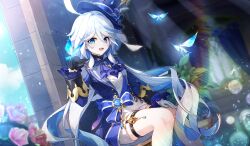 Rule 34 | 1girl, blue eyes, blue hair, furina (genshin impact), genshin impact, gloves, hat, light blue hair, long hair, looking at viewer, multicolored hair, open mouth, qi ye zhu sky, smile, solo, streaked hair