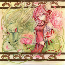 Rule 34 | 1girl, arched back, artist name, bandaged arm, bandages, blouse, border, breasts, chain, colored pencil (medium), cuffs, dated, double bun, dragon, eastern dragon, floral background, flower, ibaraki kasen, looking at viewer, missing limb, mosho, painting (medium), petals, pink eyes, pink flower, pink hair, pink rose, puffy short sleeves, puffy sleeves, red eyes, rose, rose petals, shackles, shirt, short hair, short sleeves, skirt, slit pupils, small breasts, smile, solo, tabard, touhou, traditional media, watercolor (medium), watercolor pencil (medium)