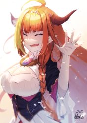 Rule 34 | 1girl, absurdres, acrylicstroke, ahoge, blonde hair, blunt bangs, breasts, cleavage cutout, closed eyes, clothing cutout, dragon horns, facing viewer, goodbye, hairband, highres, hololive, horn ornament, horns, kiryu coco, kiryu coco (1st costume), large breasts, long hair, multicolored clothes, multicolored hair, orange hair, pointy ears, simple background, smile, solo, streaked hair, two-tone hair, upper body, virtual youtuber, waving arm