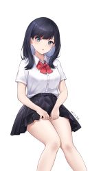 Rule 34 | 1girl, absurdres, bare legs, black hair, black skirt, blouse, blue eyes, blush, bow, bowtie, collared shirt, colored inner hair, dated, dress shirt, feet out of frame, female focus, grey hair, gridman universe, highres, invisible chair, long hair, looking at viewer, miniskirt, multicolored hair, parted lips, pleated skirt, red bow, red bowtie, school uniform, shirt, short sleeves, simple background, sitting, skirt, solo, ssss.gridman, sukaliya, takarada rikka, thighs, white background, white shirt