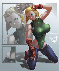Rule 34 | 1girl, abs, antenna hair, arm up, armpits, artist name, ass, blonde hair, blue eyes, cammy white, capcom, character name, covered erect nipples, covered navel, facial scar, gloves, green leotard, grey background, groin, highres, kneeling, leggings, leotard, looking at viewer, muscular, muscular female, red footwear, red gloves, scar, scar on cheek, scar on face, shadow, shoes, short hair, solo, strap, street fighter, street fighter 6, thighs, tomo eokaiteru