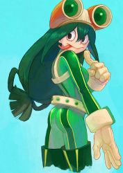 Rule 34 | 10s, 1girl, ass, asui tsuyu, back, belt, black eyes, blue background, bodysuit, boku no hero academia, breasts, cropped legs, frog girl, from side, gloves, green hair, hair rings, highres, index finger raised, long tongue, looking back, oniyanagi, simple background, solo, tongue, tongue out, utility belt