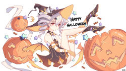 Rule 34 | 1girl, 39s, absurdres, artist name, ass, black dress, black footwear, bronya zaychik, bronya zaychik (snowy sniper), closed mouth, dress, drill hair, full body, gloves, grey eyes, grey hair, halloween, halloween costume, happy halloween, hat, highres, homu (honkai impact), honkai (series), honkai impact 3rd, looking at viewer, no panties, outdoors, pumpkin, simple background, single glove, single thighhigh, sleeveless, sleeveless dress, solo, thighhighs, twin drills, white background, witch, witch hat