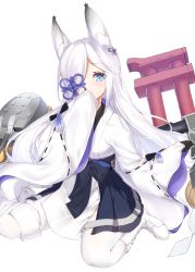 Rule 34 | 1girl, absurdres, animal ears, azur lane, blue eyes, boots, commentary request, fox ears, hair over one eye, highres, japanese clothes, karla (kimidori3), kasumi (azur lane), long hair, long sleeves, looking at viewer, seiza, silver hair, simple background, sitting, solo, thighhighs, white background, white thighhighs