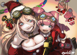Rule 34 | :d, ace attorney, bare shoulders, black choker, blonde hair, blue eyes, breasts, choker, christmas, cleavage, danganronpa (series), danganronpa v3: killing harmony, dress, drill hair, from above, fur-trimmed dress, fur-trimmed headwear, fur trim, gloves, goggles, goggles on head, hair rings, hat, holding, iris wilson, iruma miu, long hair, looking at another, lower teeth only, multiple girls, nyuukazai, o-ring, open mouth, parted lips, pink hair, red dress, red gloves, red headwear, sack, santa costume, santa dress, santa hat, smile, stuffed toy, teeth, the great ace attorney, the great ace attorney: adventures, twin drills