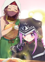 Rule 34 | 2girls, :t, animal ears, animal hood, bare shoulders, black cloak, black gloves, black leotard, blush, braid, bridal gauntlets, brown hair, cloak, closed eyes, commentary request, dress, eating, elbow gloves, fake animal ears, fate/grand order, fate (series), food, food on face, gloves, green dress, holding, holding food, hood, hood up, hooded cloak, leotard, long hair, looking away, looking down, medusa (fate), medusa (lancer) (fate), medusa (rider) (fate), mouth veil, multiple girls, parted bangs, parted lips, purple eyes, purple hair, rider, see-through, siduri (fate), single strap, smile, sparkle, standing, tsuezu, veil, wavy mouth