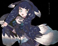 Rule 34 | 1girl, absurdres, arm at side, black background, black hair, blue hair, blunt bangs, bow, bracer, braid, coelacanth (kemono friends), corset, cowboy shot, eyelashes, fins, fish tail, green eyes, hand up, head fins, highres, kanmoku-san, kemono friends, long hair, looking at viewer, midriff, multicolored hair, multiple girls, open mouth, side braid, simple background, skirt, smile, solo, stomach, tail, twin braids, very long hair, white hair