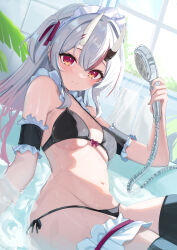 Rule 34 | 1girl, absurdres, alternate costume, alternate hairstyle, bathtub, bikini, black bikini, black thighhighs, blue sky, blush, breasts, closed mouth, cloud, dot nose, eyelashes, frills, gradient hair, hair between eyes, highres, hitachi sou, holding, holding shower head, hololive, horns, long hair, looking at viewer, maid headdress, medium breasts, multicolored hair, nakiri ayame, navel, oni, pink hair, plant, red eyes, shower head, sidelocks, sky, smile, solo, stomach, streaked hair, swimsuit, thighhighs, towel, two side up, virtual youtuber, water, wet, white hair, window