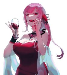 Rule 34 | 1girl, alcohol, blunt bangs, braid, breasts, cleavage, commentary, cup, daraa, dress, drinking glass, dripping, english commentary, flower, hair flower, hair ornament, hand on own face, highres, holding, holding cup, hololive, hololive english, large breasts, long hair, mori calliope, mori calliope (party dress), official alternate costume, parted bangs, pink eyes, pink hair, red dress, red flower, red rose, rose, shawl, side ponytail, simple background, solo, strapless, strapless dress, tongue, tongue out, upper body, virtual youtuber, white background, wine, wine glass
