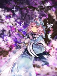 Rule 34 | 1girl, blue hat, blue kimono, bug, butterfly, cherry blossoms, cowboy shot, frills, hat, highres, insect, japanese clothes, kaigen 1025, kimono, long sleeves, mob cap, pink eyes, pink hair, purple background, saigyouji yuyuko, short hair, solo, touhou, tree, triangular headpiece, wavy hair, wide sleeves
