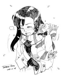 Rule 34 | 1girl, blush, buttons, closed eyes, copyright request, dated, double-breasted, gloves, greyscale, highres, jacket, long sleeves, monochrome, open mouth, scarf, signature, simple background, snot, solo, striped clothes, striped scarf, tachibana roku, tears, upper body, white background