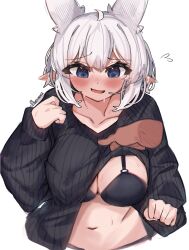 Rule 34 | absurdres, auraaa, black bra, black sweater, blush, bra, breasts, clothes lift, disembodied hand, highres, large breasts, lorel (auraaa), nervous smile, original, owl girl, pointy ears, smile, sweat, sweater, underwear, white hair