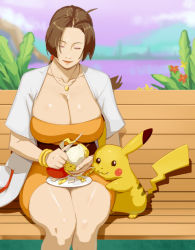Rule 34 | 1girl, absurdres, ahoge, blurry, blurry background, breasts, brown hair, cleavage, closed mouth, creatures (company), delia ketchum, dress, closed eyes, eyeshadow, food, fruit, game freak, gen 1 pokemon, highres, hungry, jewelry, knife, large breasts, lips, long hair, makeup, materclaws, mature female, mature female, necklace, nintendo, peeling, pikachu, plant, pokemon, pokemon (anime), pokemon (creature), pokemon sm (anime), sky, thighs