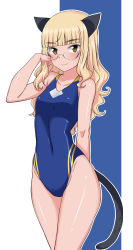 Rule 34 | 1girl, animal ears, arm behind back, blonde hair, blunt bangs, blush, cat ears, cat tail, collarbone, competition swimsuit, covered navel, cowboy shot, eyebrows, glasses, highres, komusou (jinrikisha), long hair, one-piece swimsuit, outline, perrine h. clostermann, smile, solo, strike witches, swimsuit, tail, world witches series, yellow eyes