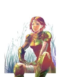 Rule 34 | 1girl, aelia, armor, armored boots, bandages, boots, gauntlets, green armor, green eyes, highres, red hair, short hair, shoulder armor, valkyrie profile (series)