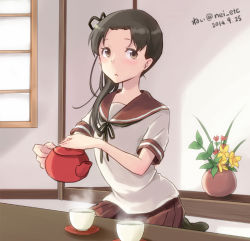 Rule 34 | 10s, 1girl, ayanami (kancolle), blush, brown eyes, brown hair, cup, kantai collection, nei (etc), raised eyebrows, saucer, seiza, side ponytail, sitting, solo, teacup, window
