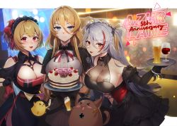 Rule 34 | &gt; &lt;, 3girls, :d, alcohol, anniversary, antenna hair, azur lane, bare shoulders, beer, beer mug, belt collar, between breasts, bird, bismarck (azur lane), bismarck (iron black elysium) (azur lane), black dress, black gloves, blonde hair, blue eyes, blush, blush stickers, breasts, cake, cat, chest harness, chick, cleavage, closed mouth, clothing cutout, collar, collarbone, collared dress, commentary request, copyright name, cowboy shot, cross, cup, dress, drinking glass, elbow gloves, food, framed breasts, gloves, grey hair, grey shirt, hair between eyes, hair ribbon, half gloves, harness, highres, holding, holding plate, holding string, holding tray, indoors, iron cross, large breasts, leipzig (azur lane), leipzig (storefront training) (azur lane), long hair, looking at viewer, maid, maid headdress, maitei roppa, manjuu (azur lane), meowfficer (azur lane), mug, multicolored hair, multiple girls, navel, navel cutout, official alternate costume, open mouth, orange eyes, plate, prinz eugen (azur lane), prinz eugen (kindred evening spirits) (azur lane), puffy short sleeves, puffy sleeves, purple eyes, red hair, red ribbon, ribbon, see-through, see-through dress, shirt, short hair, short sleeves, shoulder cutout, sidelocks, sleeveless, sleeveless dress, smile, streaked hair, string, string of flags, tray, two side up, very long hair, wine, wine glass