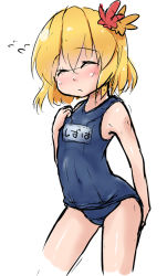 Rule 34 | 1girl, aki shizuha, blonde hair, blush, closed eyes, female focus, flying sweatdrops, hair between eyes, hair ornament, hand on own ass, leaf hair ornament, one-piece swimsuit, school swimsuit, shiny skin, short hair, solo, swimsuit, touhou, waribashi-p, white background