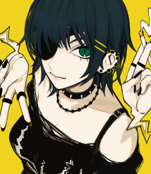 Rule 34 | 1girl, barbell piercing, black hair, black nails, black tank top, chainsaw man, collar, disembodied hand, ear piercing, earrings, eyepatch, ghost devil (chainsaw man), goth fashion, green eyes, hair ornament, hairclip, himeno (chainsaw man), industrial piercing, jewelry, looking at viewer, multiple piercings, multiple rings, necklace, piercing, ring, sailen0, short hair, simple background, solo, spiked collar, spikes, stud earrings, tank top, v, yellow background