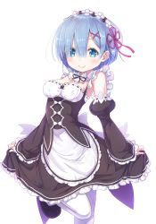 Rule 34 | 10s, 1girl, apron, blue eyes, blue hair, bow, breasts, cleavage, detached collar, detached sleeves, dress, frilled dress, frills, hair ornament, hair over one eye, looking at viewer, maid, maid apron, maid headdress, mary janes, matching hair/eyes, matokechi, medium breasts, pantyhose, re:zero kara hajimeru isekai seikatsu, rem (re:zero), ribbon-trimmed clothes, ribbon-trimmed sleeves, ribbon trim, shoes, short hair, skirt, skirt hold, smile, solo, standing, standing on one leg, thighhighs, underbust, white background, x hair ornament