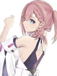 Rule 34 | 1girl, asta (honkai: star rail), back, back cutout, bare shoulders, blue eyes, braid, breasts, closed mouth, clothing cutout, collared shirt, commentary, from behind, hair ornament, hand on own neck, highres, honkai: star rail, honkai (series), looking at viewer, medium breasts, pink hair, shirt, side ponytail, sideboob, simple background, sleeveless, sleeveless shirt, smile, solo, ura (hamburg oniku), white background