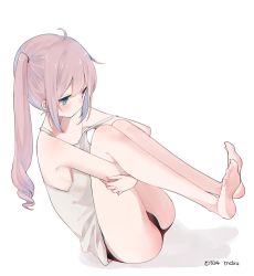 Rule 34 | 1girl, ahoge, bare arms, bare legs, bare shoulders, barefoot, black panties, blue eyes, blush, brown hair, camisole, closed mouth, commentary request, full body, hair between eyes, hugging own legs, long hair, mimelond, original, panties, side ponytail, sidelocks, signature, solo, strap slip, toenails, underwear, white background, white camisole