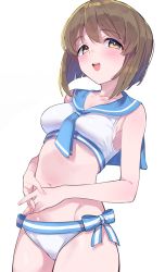 Rule 34 | 1girl, :d, absurdres, blunt ends, blush, brown hair, hagiwara yukiho, hands on own stomach, highres, idolmaster, idolmaster (classic), looking at viewer, navel, open mouth, own hands together, round teeth, sailor bikini, sailor collar, sailor swimsuit (idolmaster), simple background, smile, solo, sutora binsuke, teeth, white background