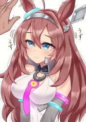 Rule 34 | 1girl, ahoge, animal ears, bare shoulders, blue eyes, breasts, brown hair, cleavage, closed mouth, collar, commentary request, detached sleeves, disembodied hand, ear ornament, grey sleeves, hair ornament, hairclip, highres, horse ears, horse girl, incoming headpat, large breasts, leotard, long hair, looking at viewer, mihono bourbon (umamusume), necktie, pink necktie, silver hairband, simple background, solo focus, teaclaw, umamusume, upper body, white background, white leotard