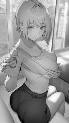 Rule 34 | 1girl, absurdres, ass, bare shoulders, blush, breasts, commentary request, from behind, gentsuki, greyscale, hair intakes, highres, large breasts, looking at viewer, looking back, monochrome, original, parted lips, shirt tucked in, short hair, sitting, skirt, sleeveless, solo