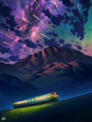 Rule 34 | commentary request, grass, highres, milky way, mountain, mugumo 24k, night, night sky, no humans, original, outdoors, revision, scenery, sky, star (sky), starry sky, train