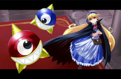 Rule 34 | 1girl, apron, bag, blonde hair, blue hat, cape, commentary request, dress, gloves, goggles, goggles on head, hat, long hair, marivel armitage, pointy ears, red eyes, smile, vampire, wild arms, wild arms 2